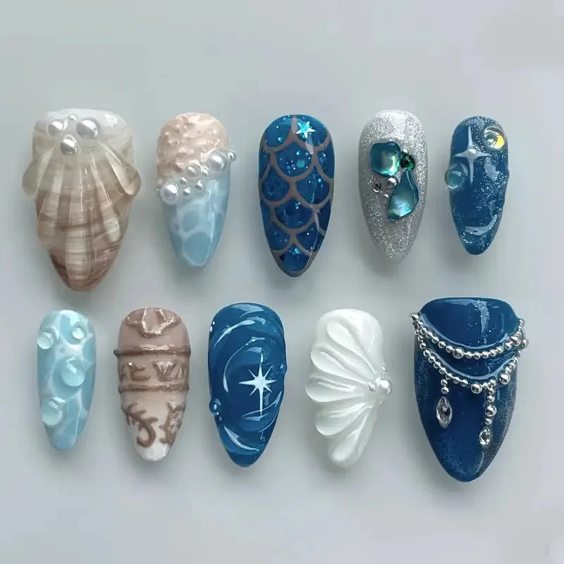10pcs Handmade Fake Nail Art Ocean Seashell Design Blue Mid-length Oval False Nail Tips with Rhinestone Pearl Press on Nails Set
