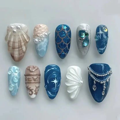 10pcs Handmade Fake Nail Art Ocean Seashell Design Blue Mid-length Oval False Nail Tips with Rhinestone Pearl Press on Nails Set