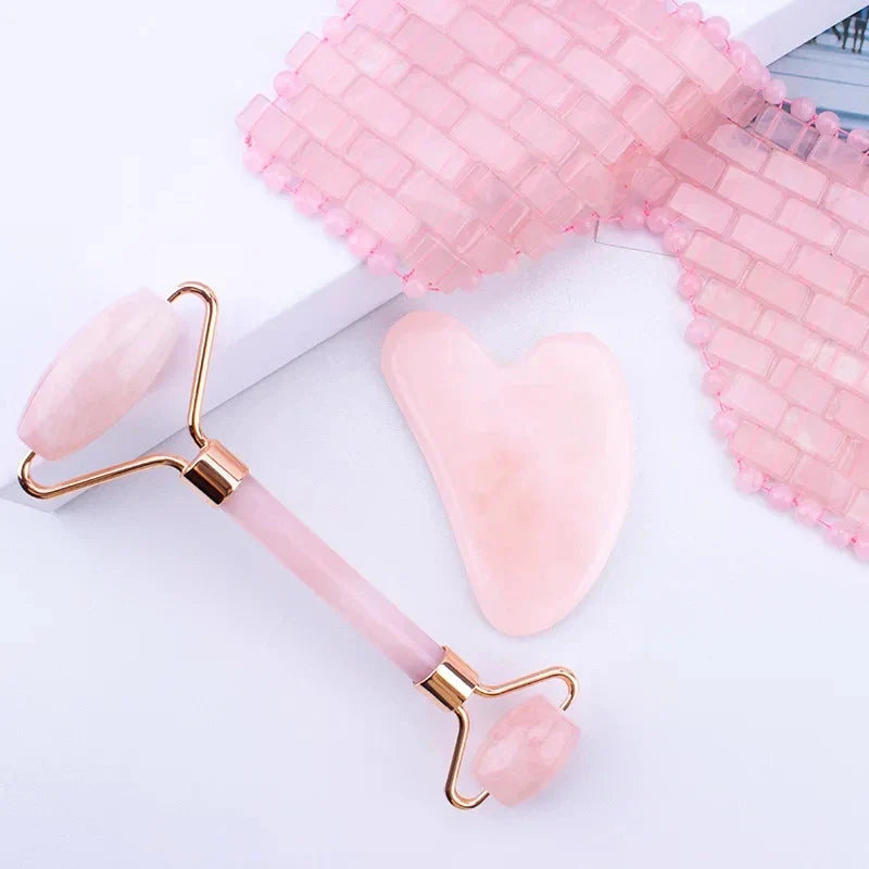 3Pcs Natural Jade Eye Mask Rose Quartz Jade Roller And Guasha Board Massager Set Cold therapy Scraper Skin Care With Box