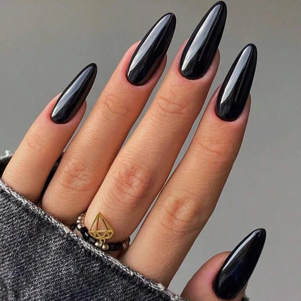 100pcs Black Almond Fake Nail Mid-length Solid Color Artificial Nail Removable Press On Nails Tip Almond Nail Art False Nail