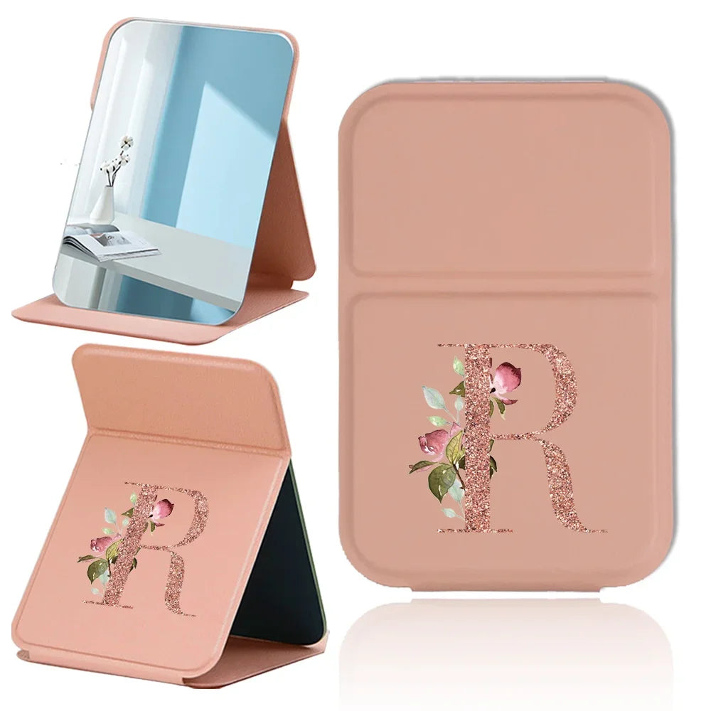 Fold Desktop Makeup Mirror Handheld PU Travel Makeup Mirror Portable Leather Anti Slip Pocket Mirror Rose Gold Letter Pattern