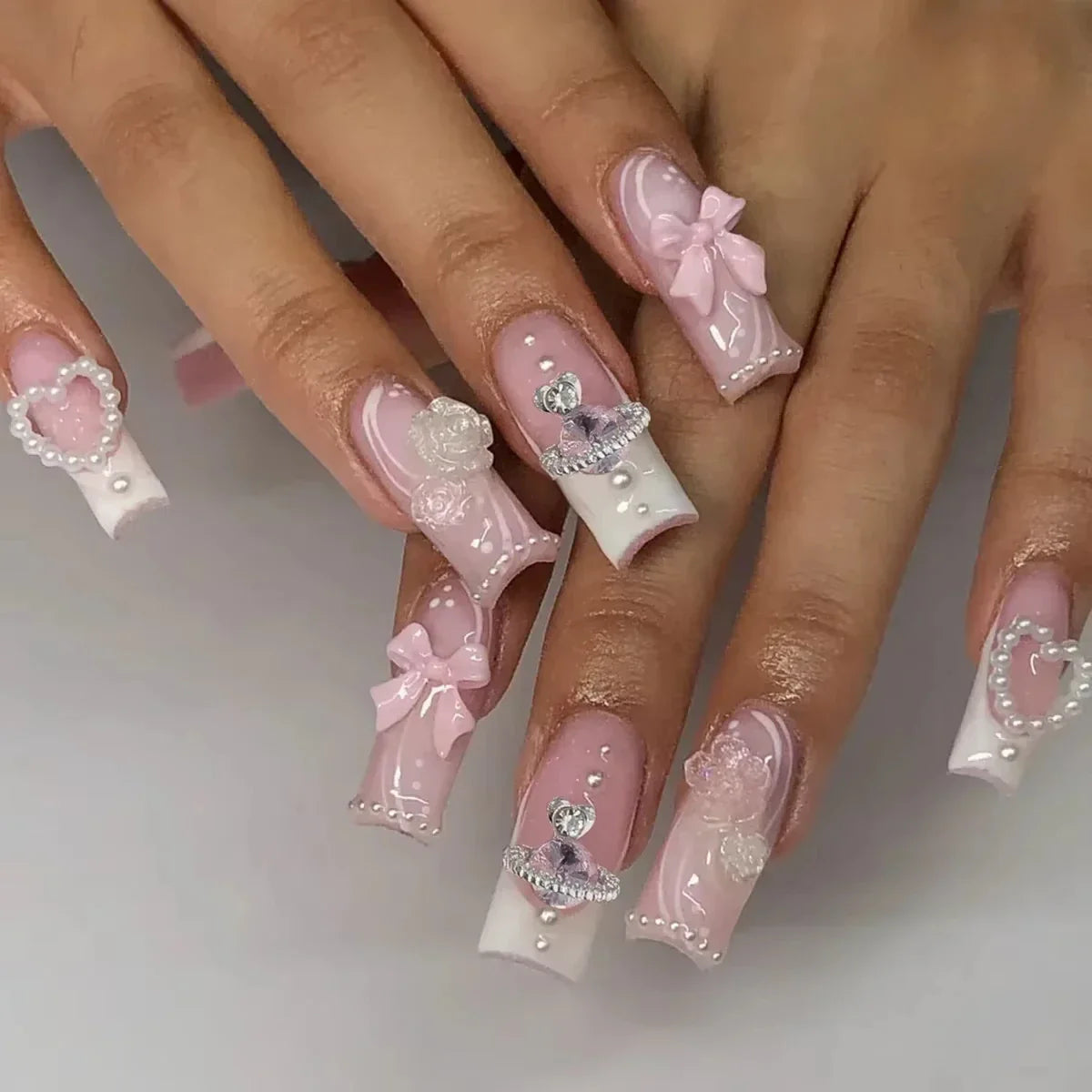 24Pcs Pearl heart Press on Nails Cross French Long Style Fake Nail for Women&Girl Removable Wearable Nail Art