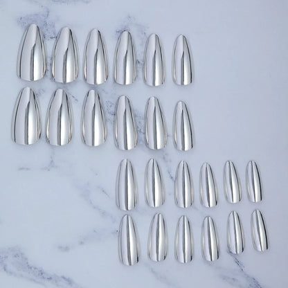 24pc/set Medium almond fake nails metallic mirror red black purple blue golden tips faux ongles y2k press on acylic false nail