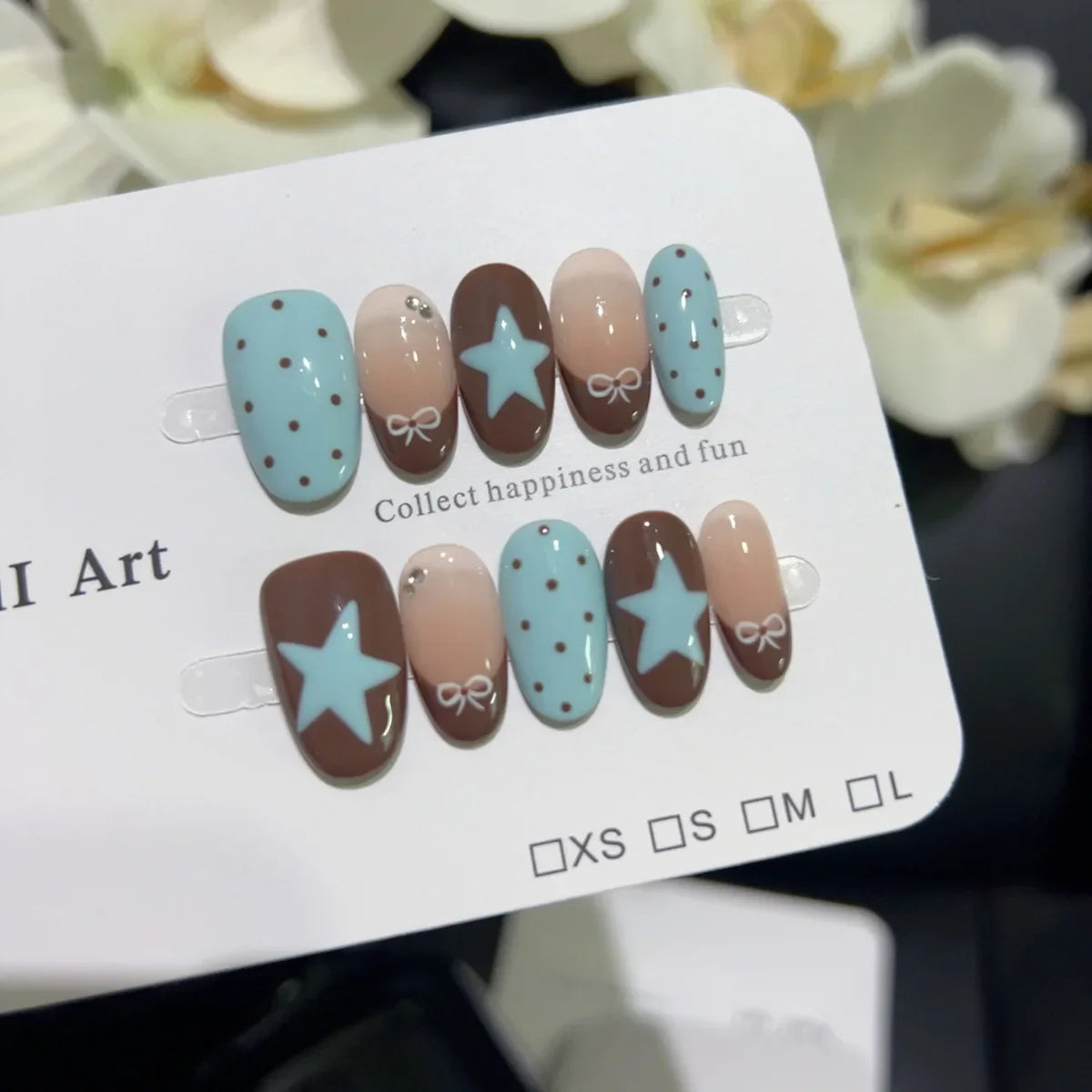 10PCS Ins Blue Short Oval False Nails Retro Hand-drawn Brown Polka Dot Bow French Press on Nails Full Cover Detachable Manicure