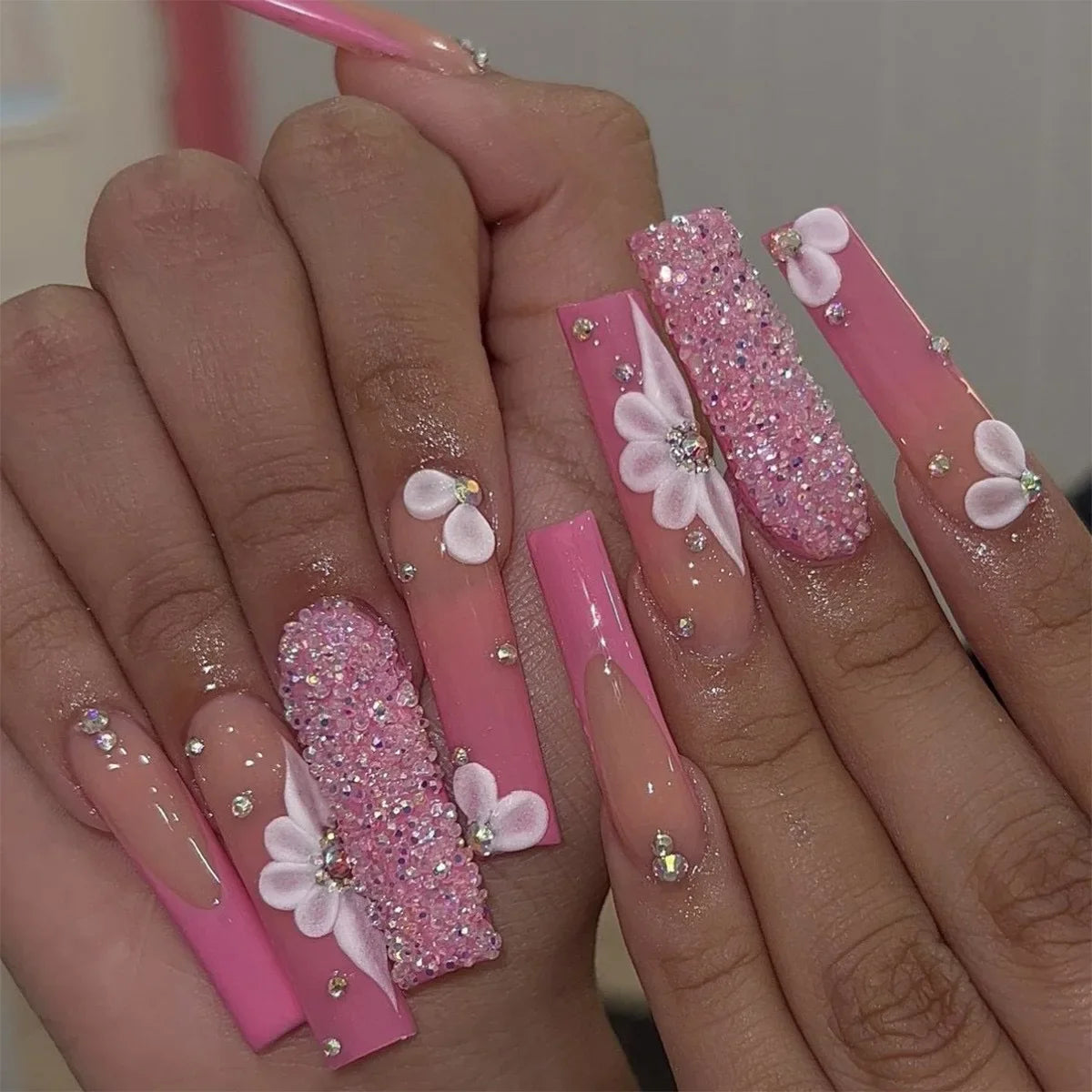 24Pcs Gold French Border False Nails Long Coffin False Nails with Rhinestones Ballerina Full Cover Nail Tips Press on Nails
