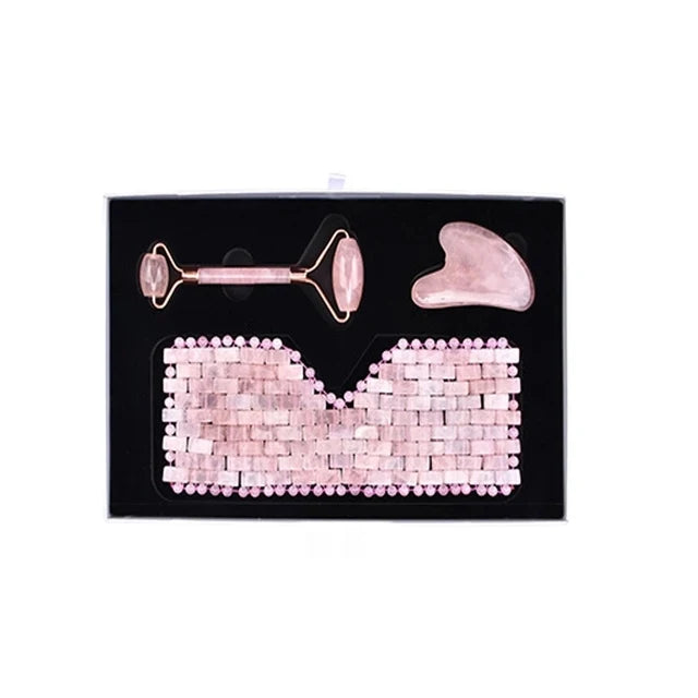 3Pcs Natural Jade Eye Mask Rose Quartz Jade Roller And Guasha Board Massager Set Cold therapy Scraper Skin Care With Box