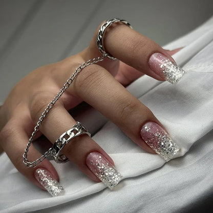24pcs/set Short Medium Long fake nails golden brown silver sparkling glitter Square almond ballet tips press on false nail art