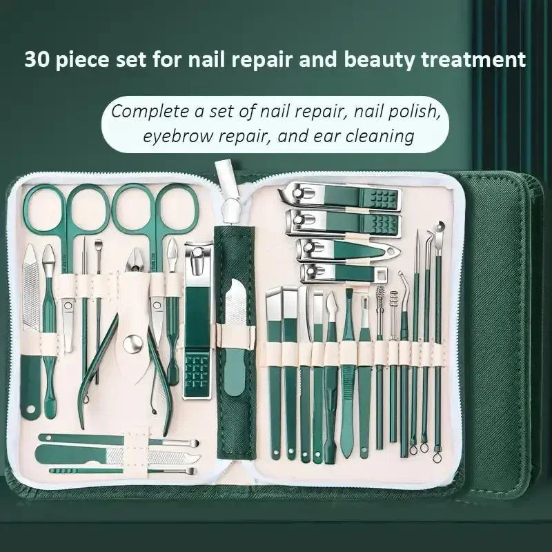 30pcs Professional Stainless Steel Nail Clipper Set Green Nail Tools Manicure  Pedicure Set of 30pcs Travel Grooming Kit