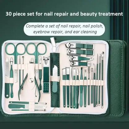 30pcs Professional Stainless Steel Nail Clipper Set Green Nail Tools Manicure  Pedicure Set of 30pcs Travel Grooming Kit