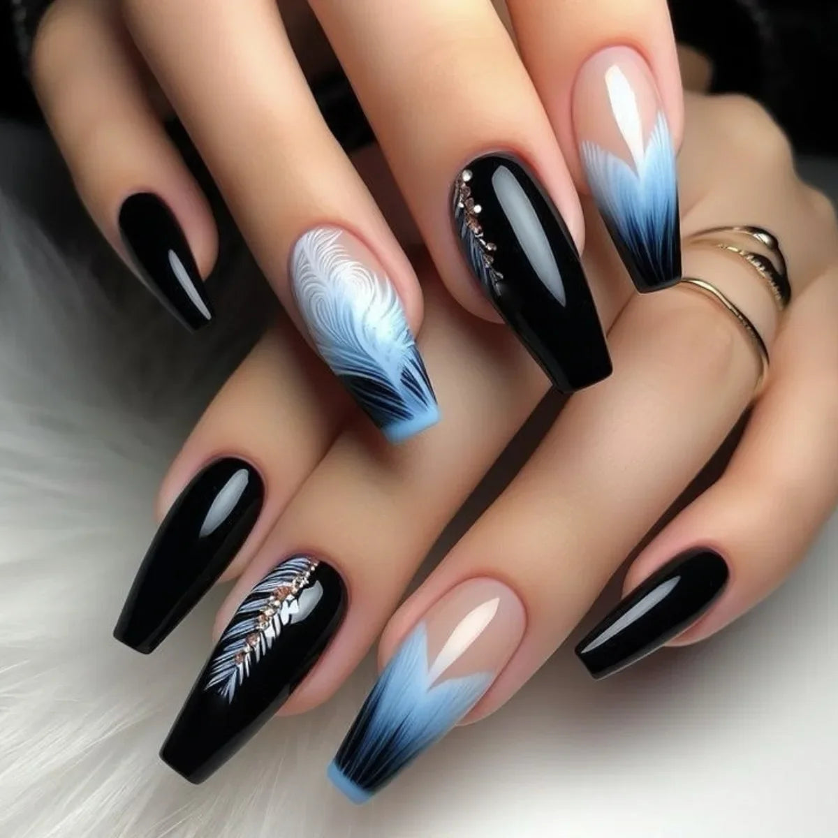 24Pcs Dark Blue Square Head Press on False Nails 3D Ocean Mid-length Fake Nail Wearable Finished Manicure Full Cover Nail Tips