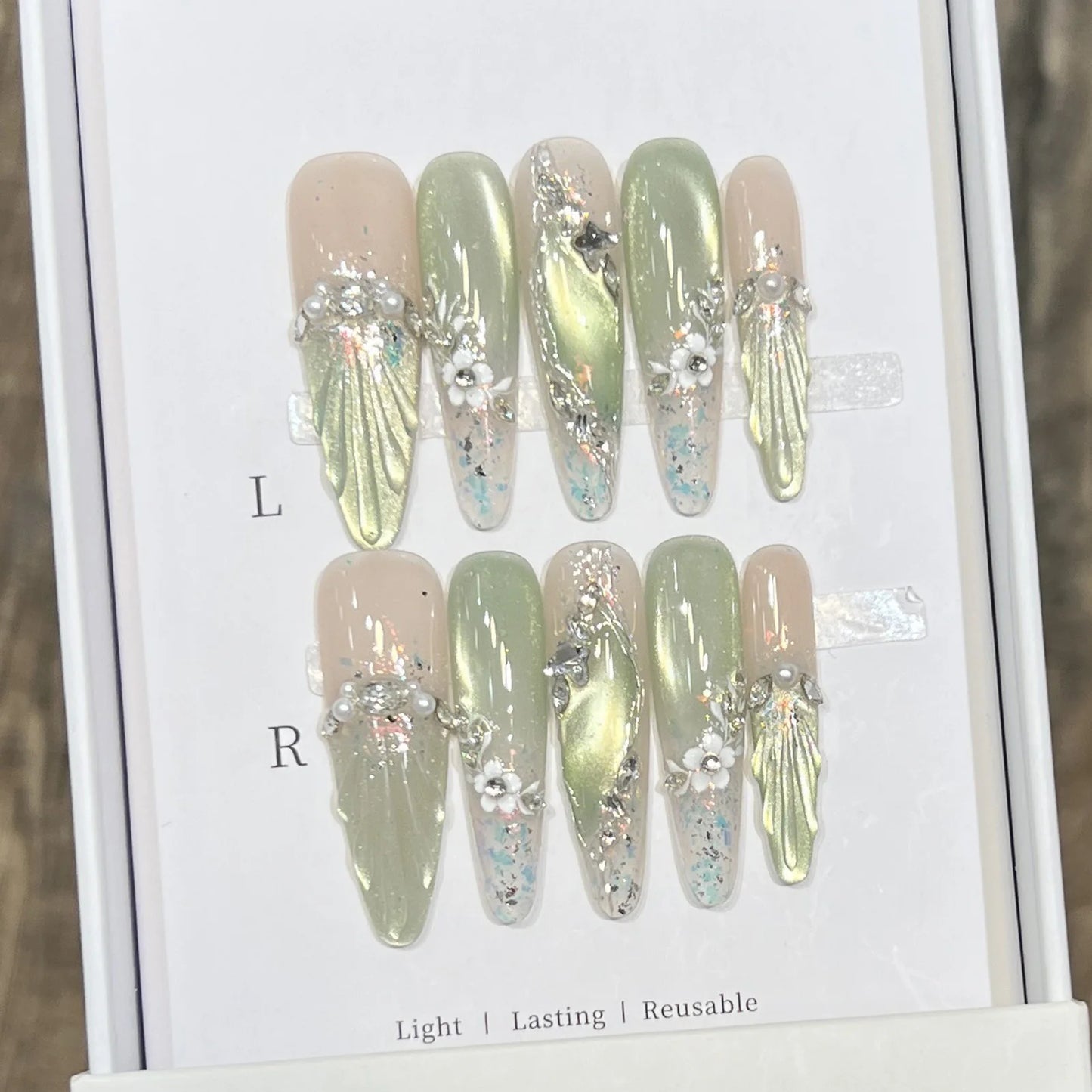 10pcs Long Almond Fake Nails Tips With Green Cat's Eye Handmade French Press On Nail Flower Pearl Design False Nail Detachable