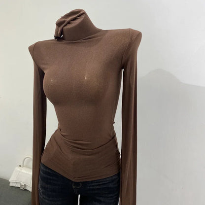 Korean style standing collar long sleeved T-shirt, high collar bottom shirt, women's slim fit slightly transparent top