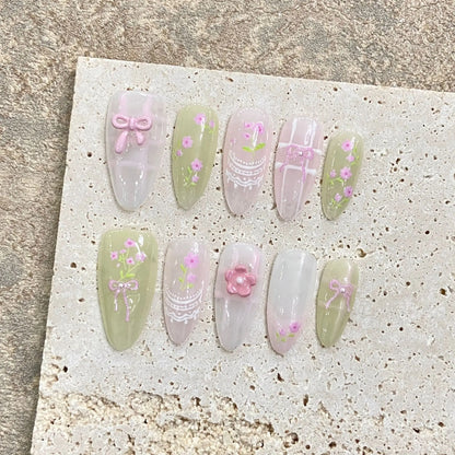 10pcs Black French False Nails Bowknots Designed Handmade Press On Nail Glossy Short Almond Wearable Fake Nail Patches Salon Art