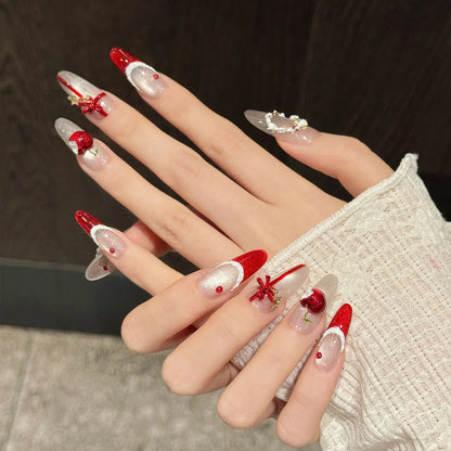 10PCS Christmas Handmade Fake Nails Charming Cat's Eye Red French Tip Press on Nails Wearable 3D Wreath Bow Decor False Nails