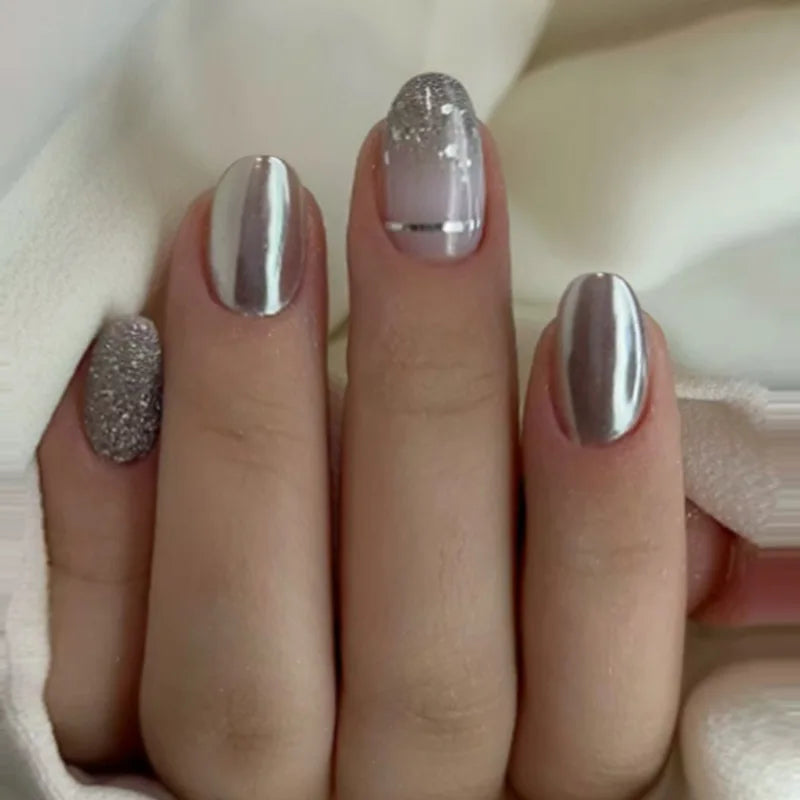 24Pcs Simple Glitter Almond False Nails with Glue Ballerina Nail Design Sweet Cool French Detachable Press on Nail Manicure Tips