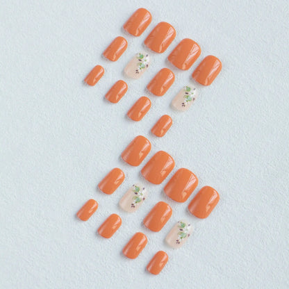 24pcs Short Square Amber Flower Fake Nail with Glue Wearable Autumn Designs Press on Nails Full Cover  Acrylic False Nails Tips
