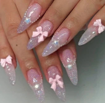 24Pcs Almond White French Press on Nails Pearl Bow False Nail Short Rhinestones Removable Nail stickers for Women and Girls