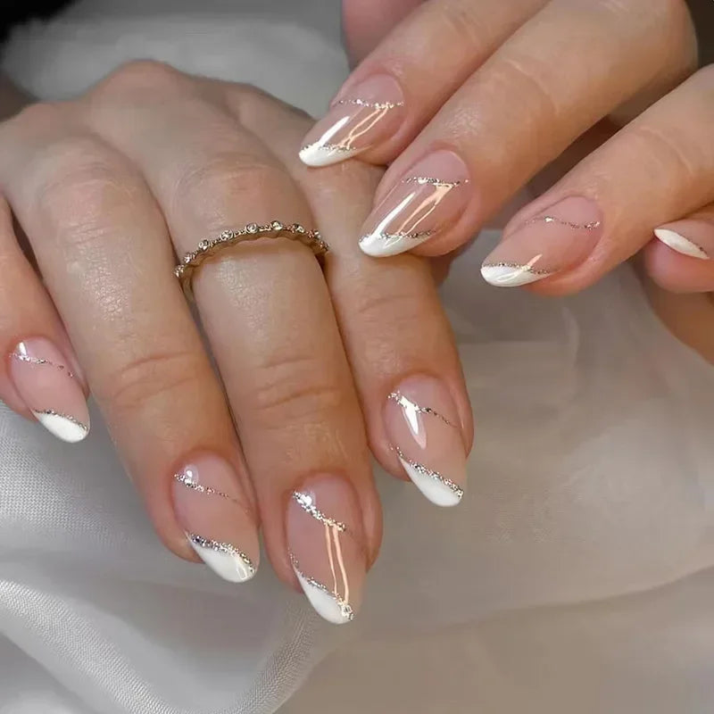 24Pcs Simple Green French False Nails Short Almond Fake Nails with Wave Line Design Wearable Round Head Press on Nail Tips