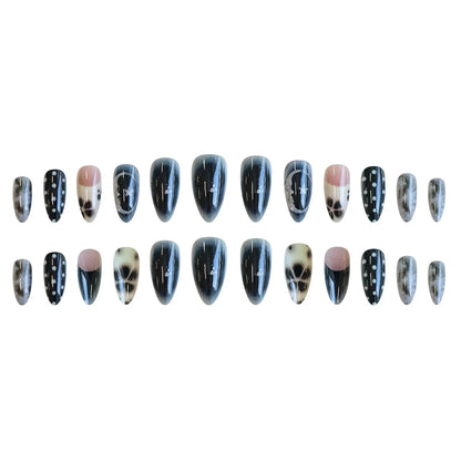 24pcs Smudging Flower Press On Nails Wave Point Designs French Style Almond False Nails Y2k Sweet Cool Fake Nail For Spicy Girls