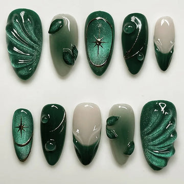 24Pcs 3D Green Ripple Design False Nails Cat's Eye French Almond Fake Nail Tips Leaves Pattern Removable Oval Press on Nails