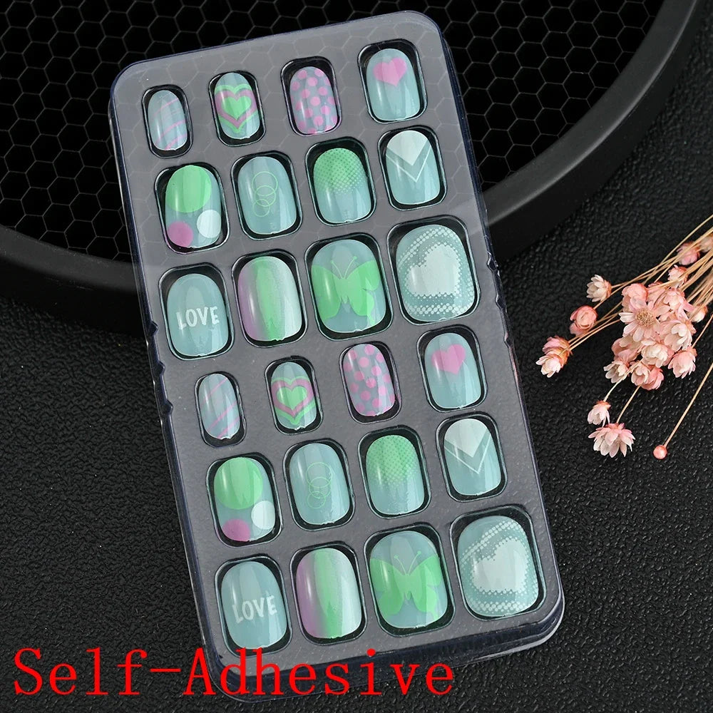 12pcs/Box Children Acrylic Fake Nails Safe Non-Toxic Adhesive Fake Nail DIY Artificial Fingernails for Girls Children's Day Gift