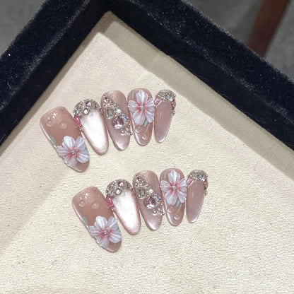 10pcs French Almond Press on Nails Flower False Nails Wearable Stick-on Nails Fake Nail Uñas Postizas Mujer Накладные Ногти 네일팁