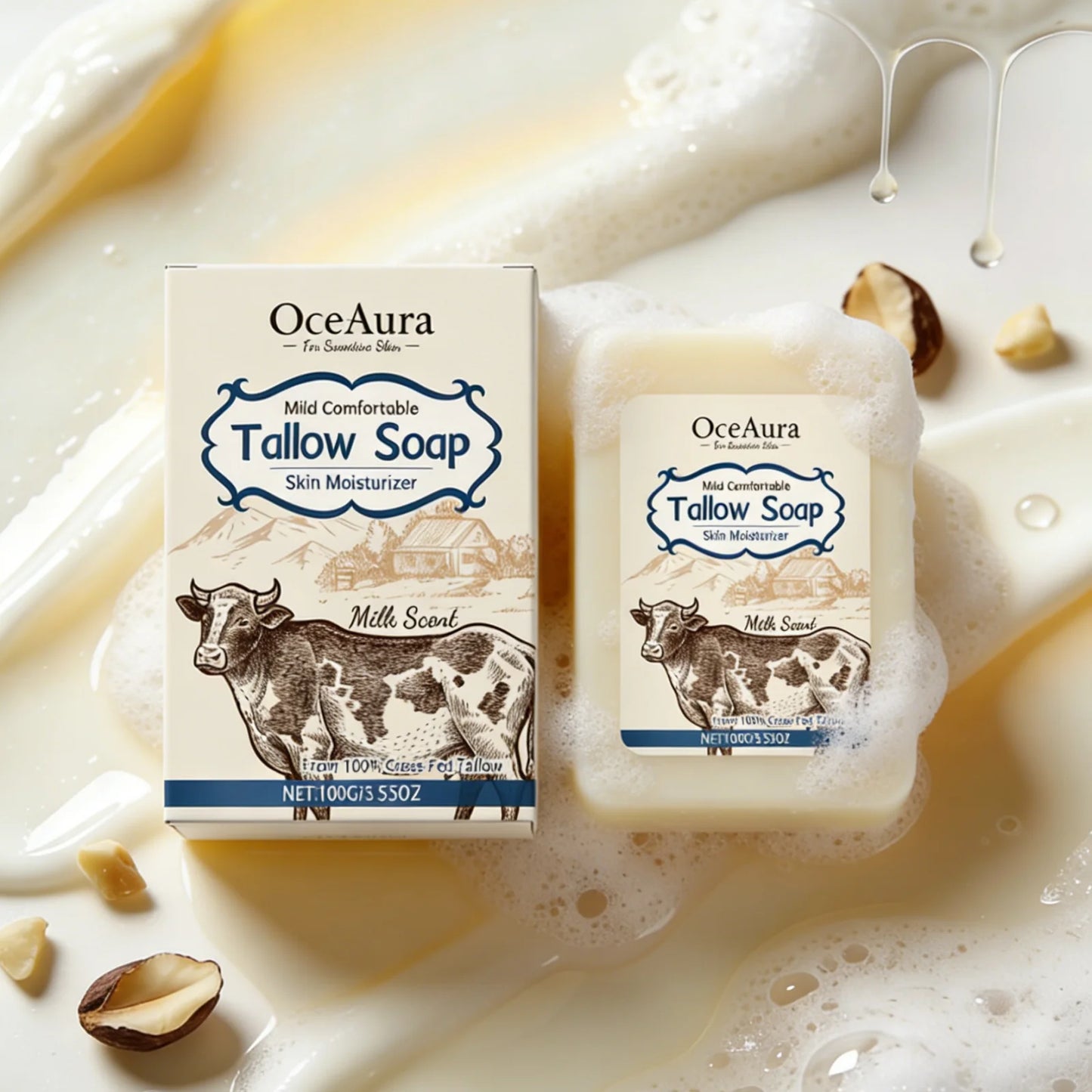 OceAura Grass Fed Beef Tallow Soap Professional Skin Cleaning Oil Control Smooth Skin Moisturizer Natural Organic Body Soap Bar