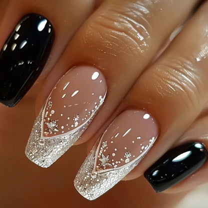 24Pcs Short Square Coffin False Nails Square Fake Nails with Glue French Glitter Wearable Acrylic Nails Set Press on Nail Tips