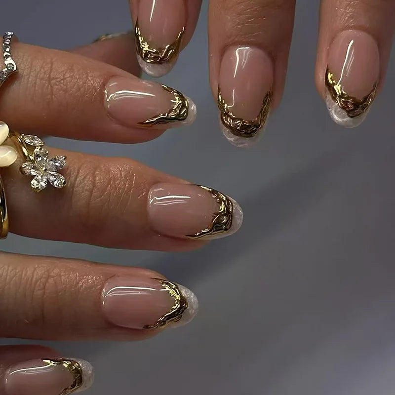 24Pcs Short Almond Fake Nails Butterfly Wings Nail Art with Glue Glitter Flower False Nails Acrylic Autumn Winter Press on Nail
