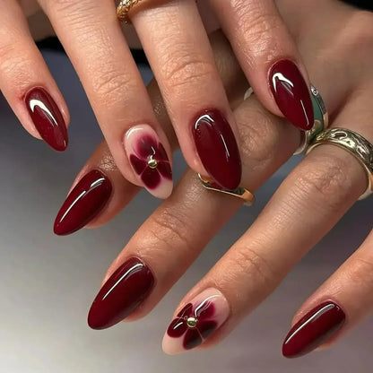 Fashion Brown Flowers Nude Color Nail Art Gold French Almond False Nails Detachable Finished Fake Nails Press on Nails with Glue