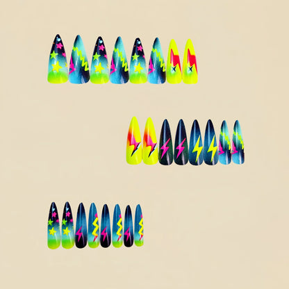 Medium fake nails for women gilrs gradient blue pink starry sky star moon Y2K design Almond nail tips press on false nail set