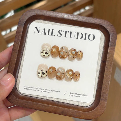 10PCS Summer BrownThe Polka Dot Cat's Eye Short Nail Art Hello Kitty Cute Notes Handmade Acrylic Fake Nail Gift