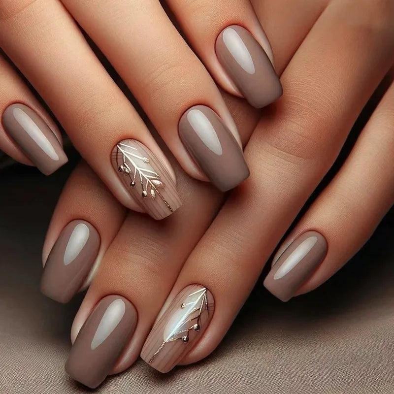 24Pcs Fashion Fake Nails Press on Long Ballet False Nails Art with Flower Design Brown Detachable Full Cover Nail Tips Manicure