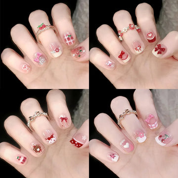 24pcs Bowknots Love Heart Pattern Press On Nails Cute Fresh Short Round French Style False Nails Korean Sweet Wearable Fake Nail
