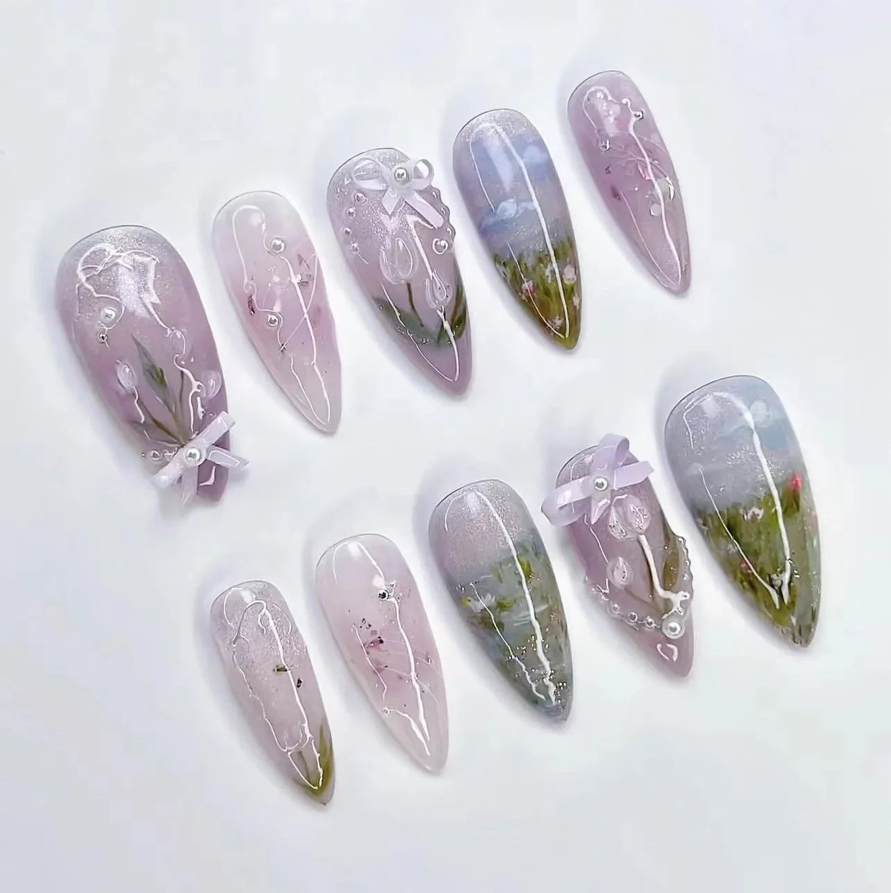24Pcs Stiletto Press on Nails Glitter Almond False Nails French Tip Fake Nails with Glue Detachable Full Cover Acrylic Nail Tips