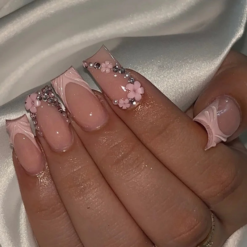 24pcs Mid-length Press on Nails Pink French Full Cover Flower Design Fake Nail Reusable Pearl False Nail with Jelly Glue Nails
