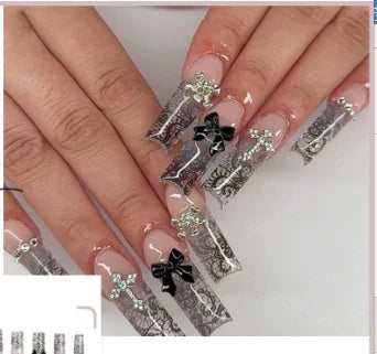 24Pcs Pearl heart Press on Nails Cross French Long Style Fake Nail for Women&Girl Removable Wearable Nail Art