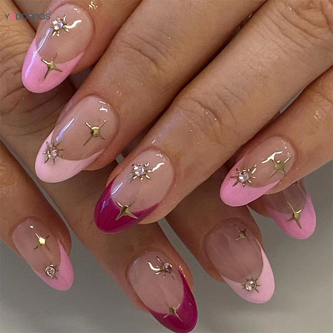 24pcs Short Almond Pink French False Nails Star Design Press on Nails Fake Nails DIY Manicure Detachable Stick-on Nail Tips