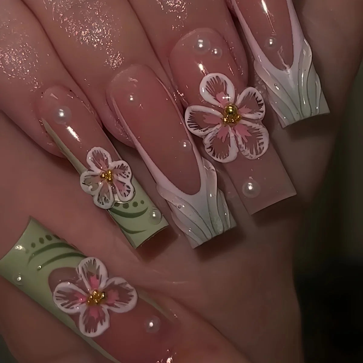 24pcs Fresh Long Coffin Fake Nails Yellow French Style Flower Printed Metal Butterfly Designs Press On Nails Summer False Nail