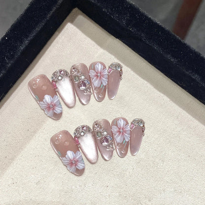 10pcs French Almond Press on Nails Flower False Nails Wearable Stick-on Nails Fake Nail Uñas Postizas Mujer Накладные Ногти 네일팁