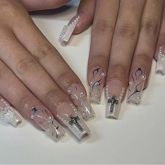 24Pcs Pearl heart Press on Nails Cross French Long Style Fake Nail for Women&Girl Removable Wearable Nail Art