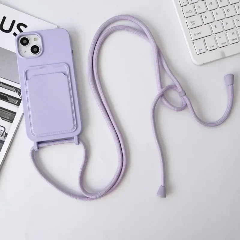 Soft Silicone Crossboby Lanyard Rope Fall Prevention Phone Case for IPhone 16 15 Pro Max 14 Plus 13 12 11 Card Slot Holder Cover