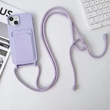 Soft Silicone Crossboby Lanyard Rope Fall Prevention Phone Case for IPhone 16 15 Pro Max 14 Plus 13 12 11 Card Slot Holder Cover