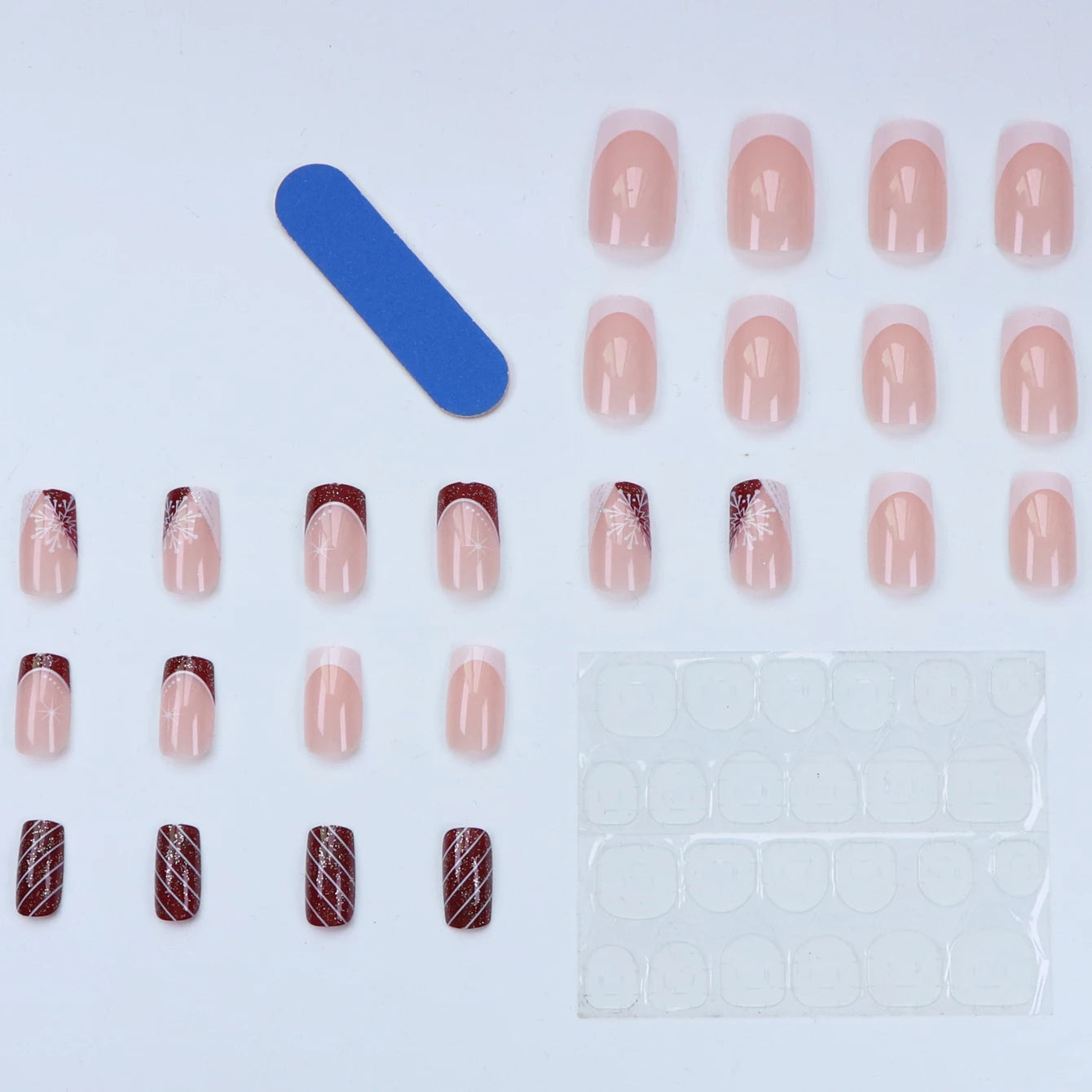 24PCS Short Square False Nails With Snowflake Stripe Design, Christmas Red Glitter False Nails covering Christmas Gift