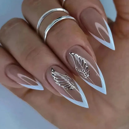 24Pcs Black Almond False Nails with Glue Wearable Long Stiletto Fake Nails Gold Foil Flash Design Full Cover Press on Nail Tips