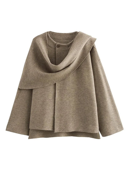 TRAF Women's Fashion Fall/Winter Fashion Asymmetric Scarf Knit Jacket Long Sleeve Split Hem Streetwear Casual Jacket