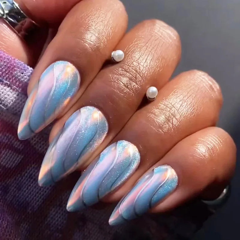 24pcs Wearable Full Cover Nail Mid-length Almond Press on Nails Set Spring Summer Green Cat's Eye False Nails Finished Fake Nail
