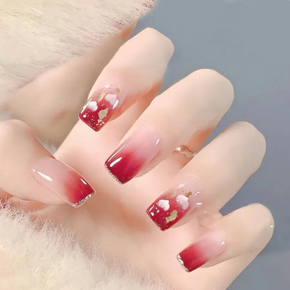 24pcs/set Medium fake nails for women girls glossy green golden red flowers New year Square ballet nail tips press on false nail