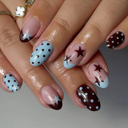 24pcs Five-Pointed Star Fake Nails Blue French Dark Brown Press on Nail Short Oval Polka Dot False Nail for Women&Girl Nail Art