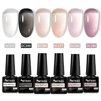 MTSSII 6Pcs/Set Jelly Gel Nail Polish Jelly Transparent Pink Green Black Blue UV Gel Nail Art Varnish Kit Spring Manicure Nails